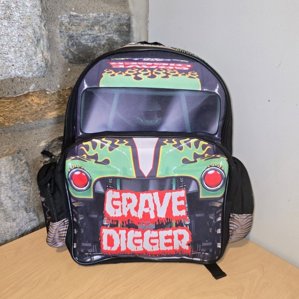 Grave Digger Truck Monster Jam Shaped Dual Compartment School Backpack 16 Inch